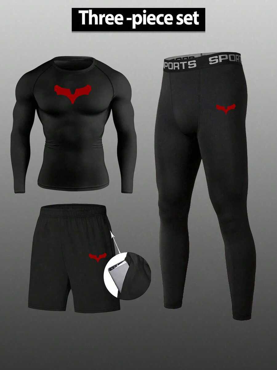 RISE LYT Men's Minimalist Long Sleeve T-Shirt And Fitted Base Layer Long Pants With Pocket Shorts Sports Set - Black - View 1