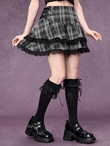 ROMWE Goth Women's Plaid Lace Trim Casual Daily Mini Skirt - Multicolor - View 6