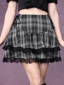 ROMWE Goth Women's Plaid Lace Trim Casual Daily Mini Skirt - Multicolor - View 1