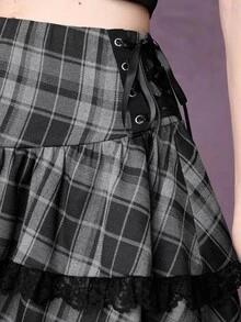 ROMWE Goth Women's Plaid Lace Trim Casual Daily Mini Skirt - Multicolor - View 4
