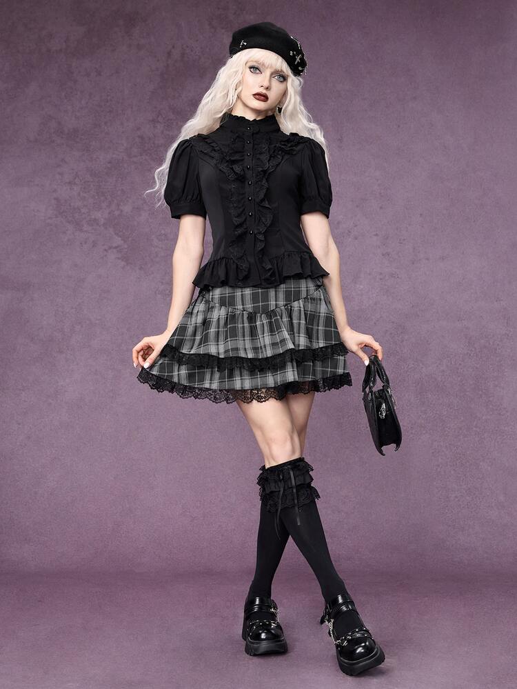 ROMWE Goth Women's Plaid Lace Trim Casual Daily Mini Skirt - Multicolor - View 2