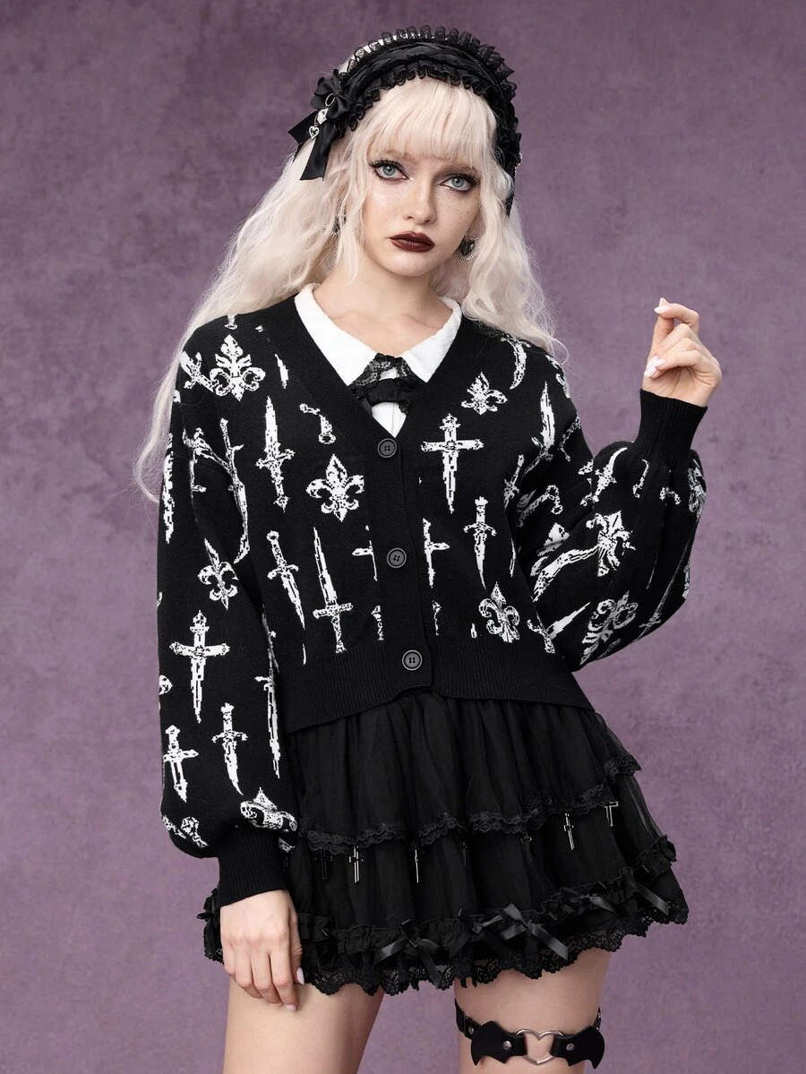 ROMWE Dark Gothic Punk Pattern Short Knit Cardigan For Women - Black - View 1