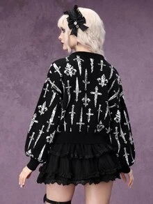 ROMWE Dark Gothic Punk Pattern Short Knit Cardigan For Women - Black - View 3