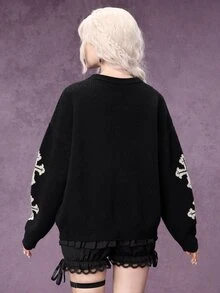 ROMWE Women Gothic Religious Figure & Cross Graphic Crew Neck Knit Sweater, Drop Shoulder Vintage Streetwear Pullover - Black - View 3