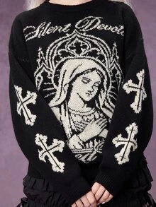 ROMWE Women Gothic Religious Figure & Cross Graphic Crew Neck Knit Sweater, Drop Shoulder Vintage Streetwear Pullover - Black - View 2