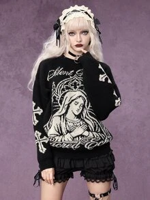 ROMWE Women Gothic Religious Figure & Cross Graphic Crew Neck Knit Sweater, Drop Shoulder Vintage Streetwear Pullover - Black - View 5
