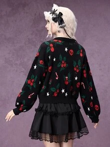 ROMWE Autumn/Winter Gothic Christmas Holly Berry Skull Jacquard Cardigan Sweater - Black - View 3