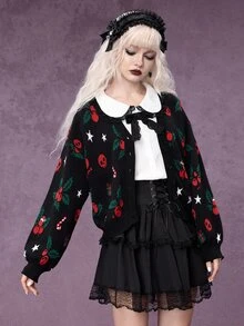 ROMWE Autumn/Winter Gothic Christmas Holly Berry Skull Jacquard Cardigan Sweater - Black - View 7
