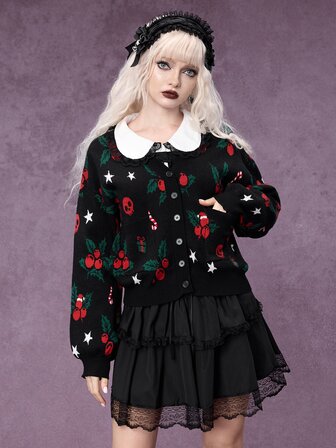 Autumn/Winter Gothic Christmas Holly Berry Skull Jacquard Cardigan Sweater