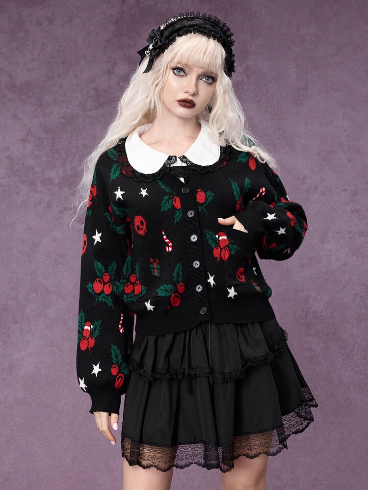ROMWE Autumn/Winter Gothic Christmas Holly Berry Skull Jacquard Cardigan Sweater - Black - View 1