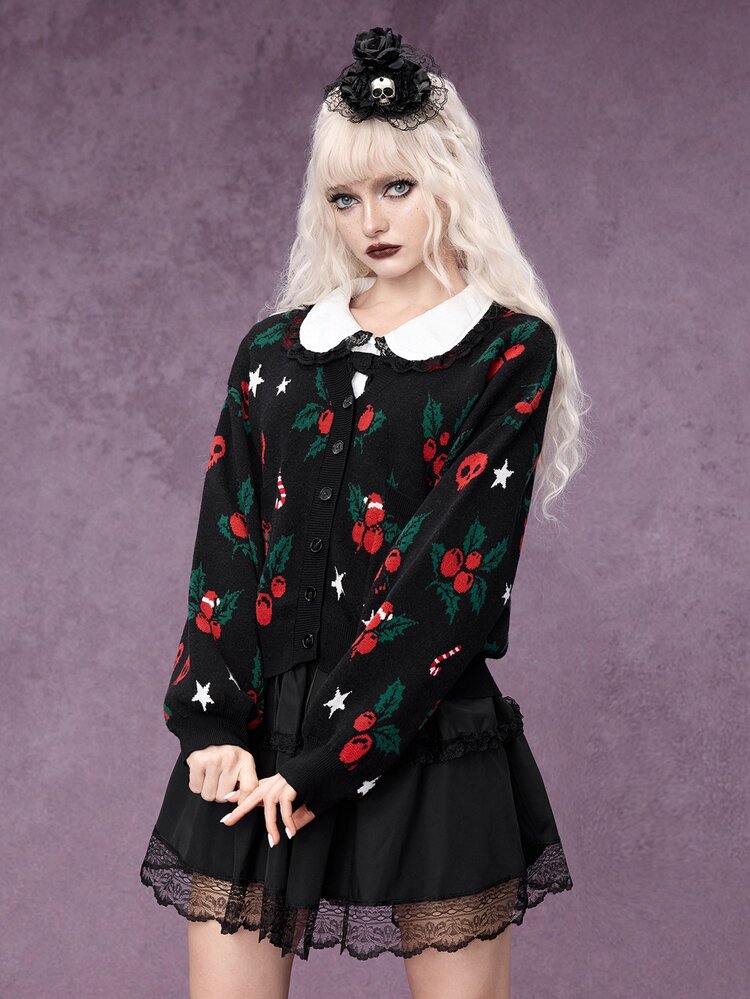 ROMWE Autumn/Winter Gothic Christmas Holly Berry Skull Jacquard Cardigan Sweater - Black - View 5