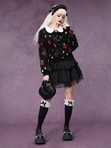 ROMWE Autumn/Winter Gothic Christmas Holly Berry Skull Jacquard Cardigan Sweater - Black - View 6