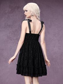 ROMWE Dark Gothic Church Castle Flocked Bowknot A-Line Short Dress - Black - View 5