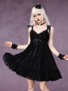 ROMWE Dark Gothic Church Castle Flocked Bowknot A-Line Short Dress - Black - View 2