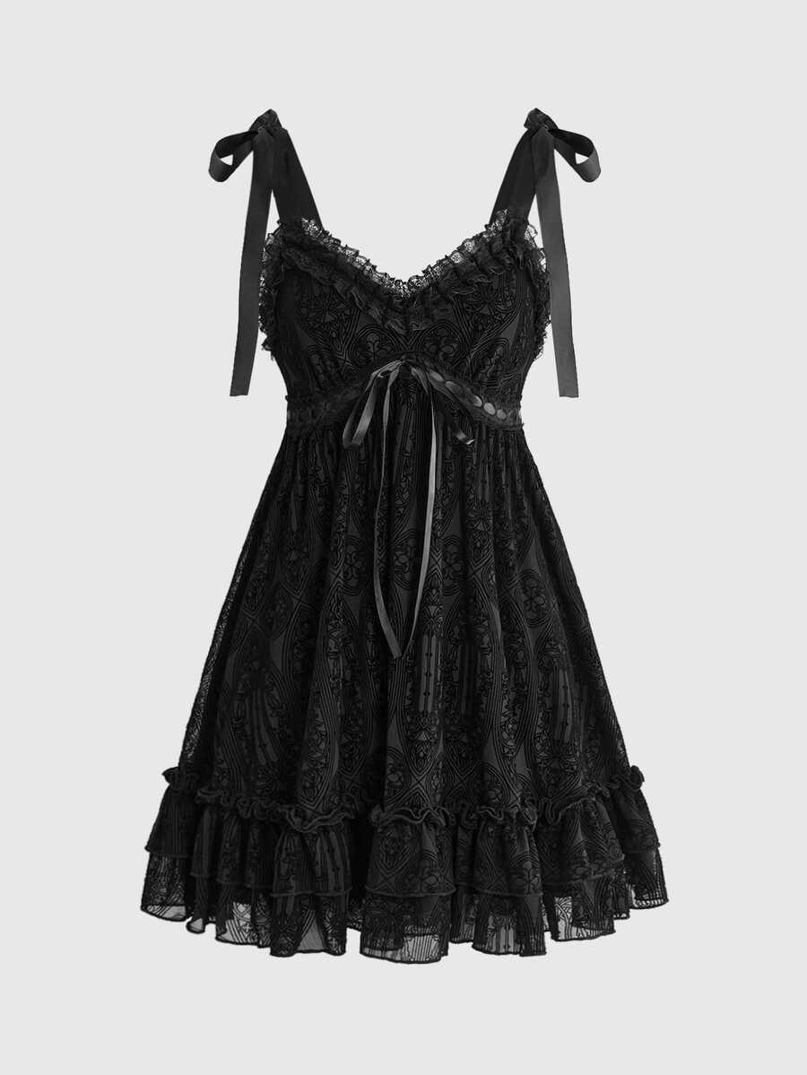 ROMWE Goth Gaun Pendek Model A-Line Berhiaskan Pita dan Motif Kastil Gereja Gotik Gelap - Hitam - View 1