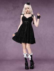 ROMWE Dark Gothic Church Castle Flocked Bowknot A-Line Short Dress - Black - View 1