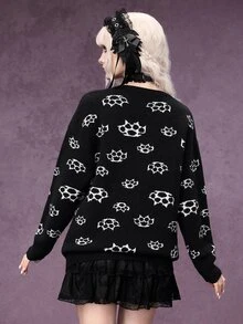 ROMWE Dark Gothic Halloween Ghost Face Jacquard Distressed Design Crew Neck Pullover Loose Fit Sweater - Black and White - View 3