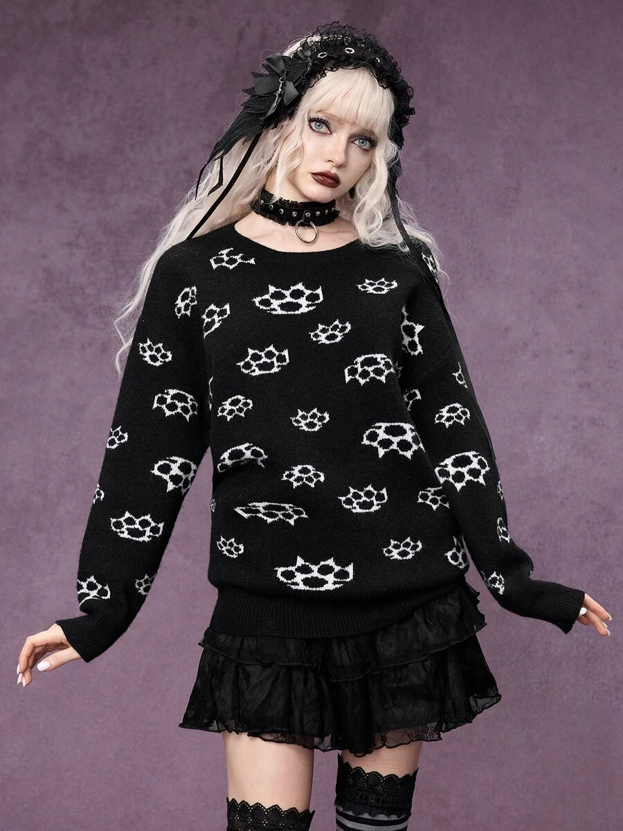 ROMWE Dark Gothic Halloween Ghost Face Jacquard Distressed Design Crew Neck Pullover Loose Fit Sweater - Black and White - View 1