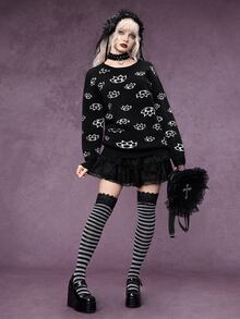 ROMWE Dark Gothic Halloween Ghost Face Jacquard Distressed Design Crew Neck Pullover Loose Fit Sweater - Black and White - View 6