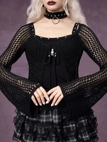 ROMWE Goth Women's Solid Color Front Tie Long Sleeve Hollow Knit Cardigan - Black - View 2