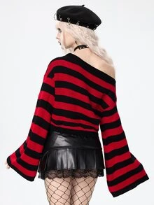 ROMWE Grunge Punk Women's Skull Striped Asymmetrical Shoulder Bell Sleeve Punk Sweater - Multicolor - View 6