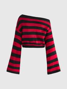 ROMWE Grunge Punk Women's Skull Striped Asymmetrical Shoulder Bell Sleeve Punk Sweater - Multicolor - View 9