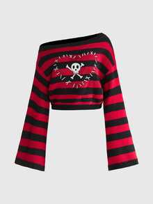 ROMWE Grunge Punk Women's Skull Striped Asymmetrical Shoulder Bell Sleeve Punk Sweater - Multicolor - View 8