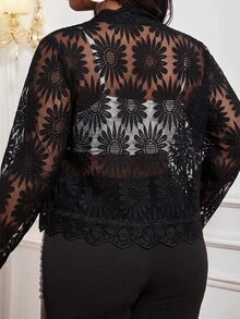 SHEIN Lady Plus Size Women's Lace Long Sleeve Cardigan Wedding Black Summer Elegant - Black - View 2