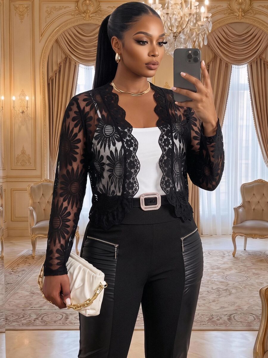 SHEIN Lady Plus Size Women's Lace Long Sleeve Cardigan Wedding Black Summer Elegant - Black - View 1
