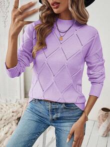 Calvaya Women's Solid Color Stand Collar Long Sleeve Fitted Pullover Sweater, Autumn/Winter - Purple - View 3