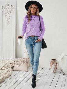 Calvaya Women's Solid Color Stand Collar Long Sleeve Fitted Pullover Sweater, Autumn/Winter - Purple - View 6