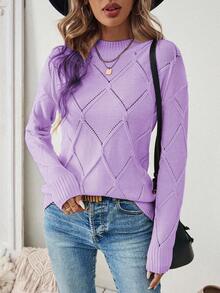 Calvaya Women's Solid Color Stand Collar Long Sleeve Fitted Pullover Sweater, Autumn/Winter - Purple - View 7