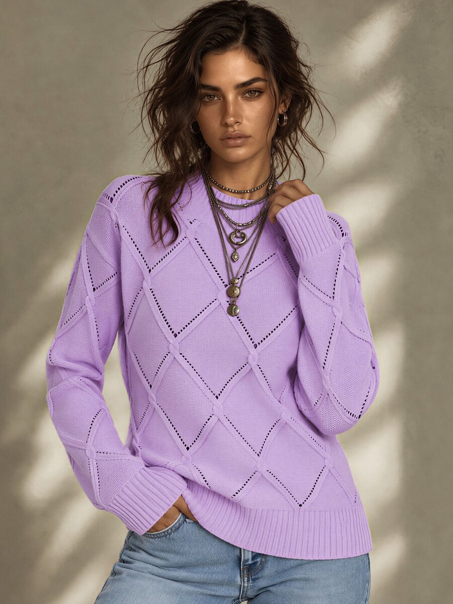 Calvaya Women's Solid Color Stand Collar Long Sleeve Fitted Pullover Sweater, Autumn/Winter - Purple - View 1