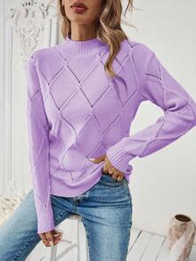 Calvaya Women's Solid Color Stand Collar Long Sleeve Fitted Pullover Sweater, Autumn/Winter - Purple - View 5