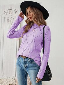 Calvaya Women's Solid Color Stand Collar Long Sleeve Fitted Pullover Sweater, Autumn/Winter - Purple - View 8