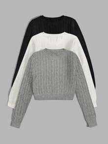 Calvaya Women's Casual Cable Pattern Crew Neck Long Sleeve Sweater, Autumn/Winter - Multicolor - View 2
