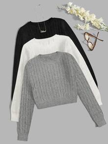 Calvaya Women's Casual Cable Pattern Crew Neck Long Sleeve Sweater, Autumn/Winter - Multicolor - View 3