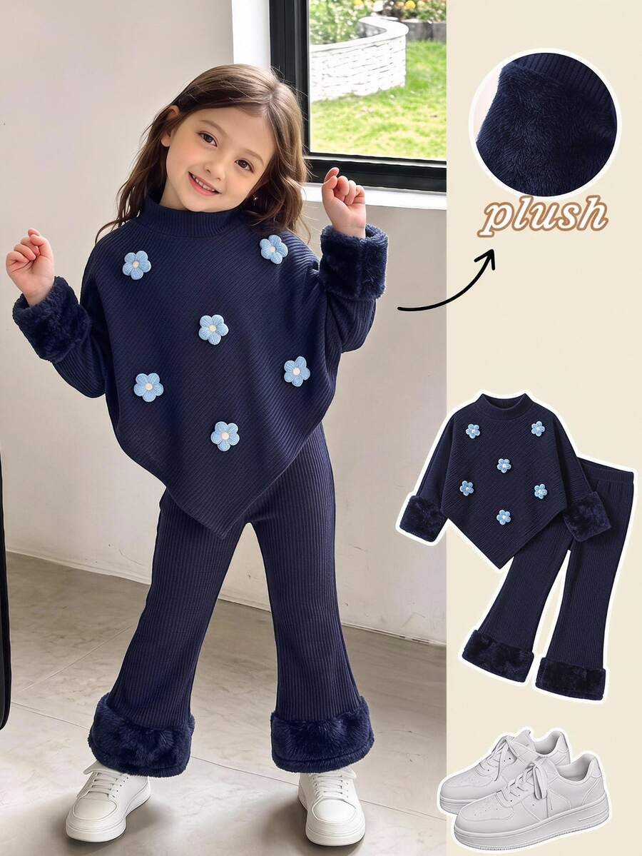 SHEIN Girls 2pcs Set, 3D Applique Decorated Long Sleeve Asymmetrical Hem Top + Faux Fur Patchwork Flare Pants, Brown Ribbed Knit Baby Birthday Fall