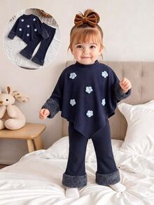 SHEIN Girls 2pcs Set, 3D Applique Decorated Long Sleeve Asymmetrical Hem Top + Faux Fur Patchwork Flare Pants, Brown Ribbed Knit Baby Birthday Fall - Navy Blue - View 4
