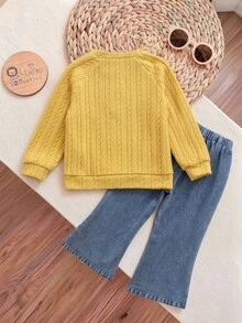 SHEIN Girls 2pcs Set Brown Flower Decor Cardigan Floral Denim Pants Outfits Lace Split Flared Leg Top For Fall Style, Top 7th Birthday - Yellow - View 2