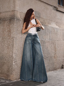 Selenza Women's Oversized Wide Leg Jeans With English Embroidery - Dusty Blue - View 9