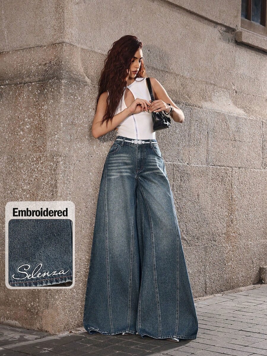Selenza Women's Oversized Wide Leg Jeans With English Embroidery - Dusty Blue - View 1