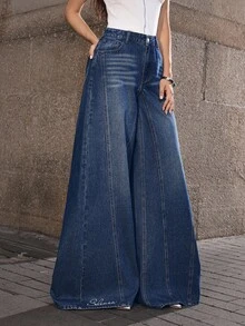 Selenza 淺藍色高腰超長寬腿牛仔褲，適合時尚休閒外出與辦公室夏季穿搭 - 藍色 - 查看 4