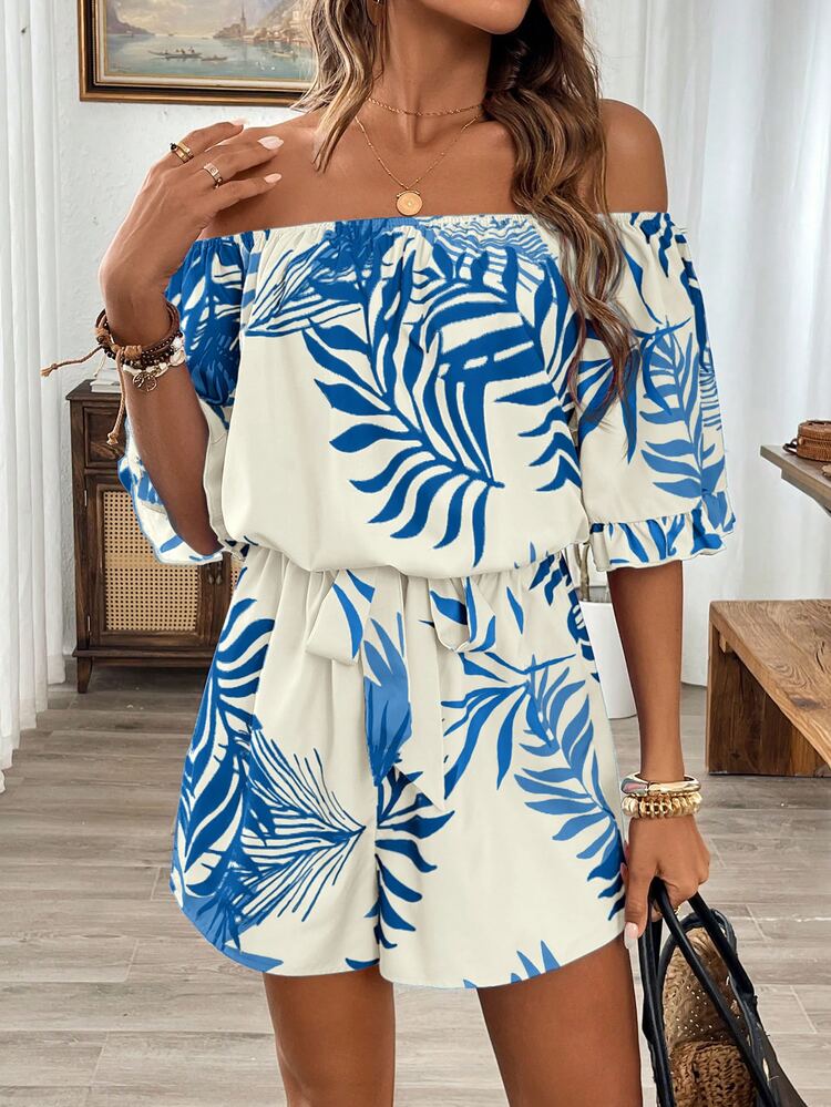 Breezaya Mono con mangas abullonadas, cintura ceñida y hombros descubiertos en estilo hawaiano - Multicolor - Añade 4