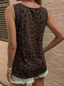 SHEIN Holidaya New Fashion Women Floral Leopard Print Round Neck Button Tank Top - Multicolor - View 4