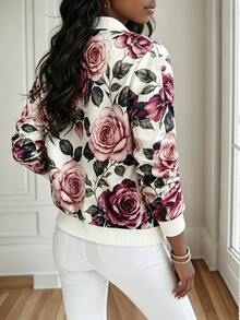SHEIN Holidaya 秋季休閒花卉印花夾克 日常旅行 粉色與白色 - 彩色 - 查看 2