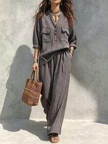 Breezaya 女款優雅復古黑白小格紋休閒襯衫與直筒寬腿褲兩件套，適合通勤與外出 - 黑色 - 查看 5