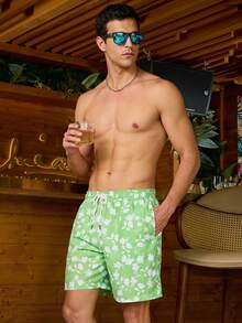 Genlund Men's Floral Printed Drawstring Wide-Leg Beach Shorts For Vacation - Green - View 1