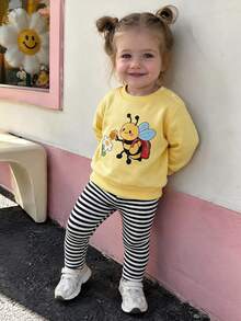 SHEIN 2件組幼兒女嬰可愛甜美黃色蜜蜂條紋印花長袖圓領休閒版生日派對秋季套頭運動衫與長褲套裝 - 黃色 - 查看 8