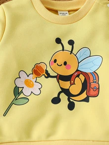 SHEIN 2件組幼兒女嬰可愛甜美黃色蜜蜂條紋印花長袖圓領休閒版生日派對秋季套頭運動衫與長褲套裝 - 黃色 - 查看 6